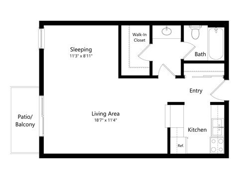 Floor plan for studio, 1 bath, 475 sqft